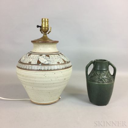 Arts and Crafts Matte Green-glazed Pottery Vase and an Art Pottery Lamp