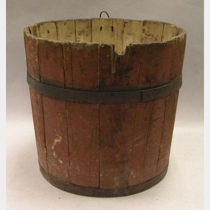 Red Painted Wooden Bucket. 