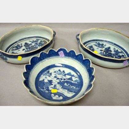 Canton Blue and White Porcelain Scalloped Rim Bowl, and a Pair of Serving Bowls. 