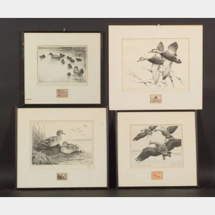 Lot of Four Federal Duck Stamps: Lynn Bogue Hunt (American, 1878-1960),ED 2 #3 Federal Duck Stamp Design - 1939