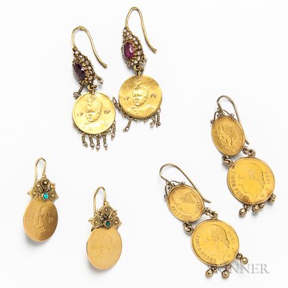 Three Pairs of Gold Coin Earrings