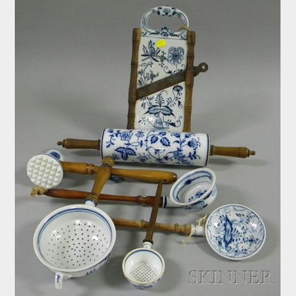 Seven German Blue and White Meissen-style Decorated Porcelain Kitchen Items