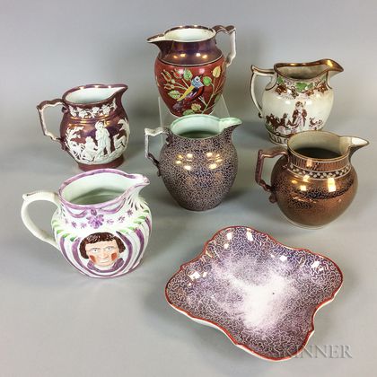 Six Pink Lustre Ceramic Jugs and a Shaped Dish