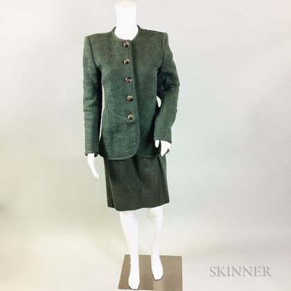 Oscar de la Renta Olive Green Wool Embroidered Suit