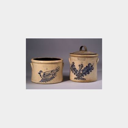Two Cobalt Blue Decorated Two-Gallon Stoneware Crocks