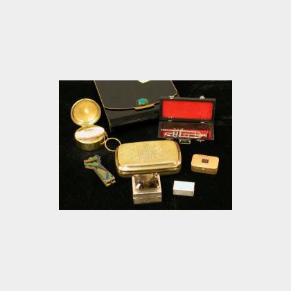 Seven Decorative Boxes, Accessories and a Miniature Silver Trumpet. 