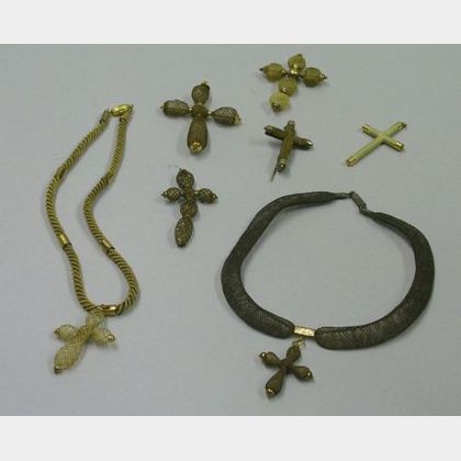 Five 19th Century Hairwork Jewelry Crucifixes and Two Necklaces