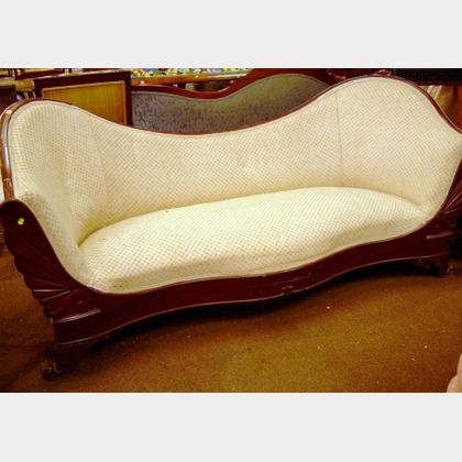 Empire Upholstered Carved and Inlaid Mahogany Veneer Sofa. 