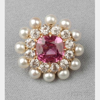 Antique 18kt Gold, Pink Sapphire, Pearl, and Diamond Brooch, T.B. Starr