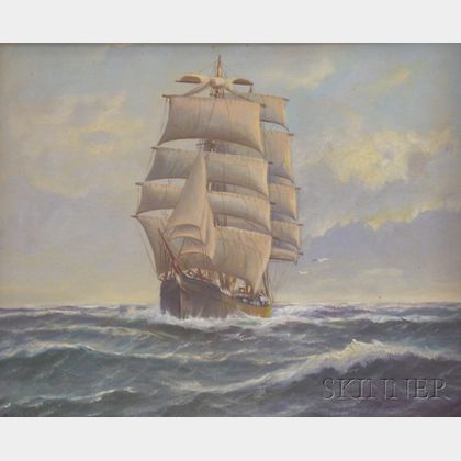 Framed Oil on Canvas View of a Sailing Vessel at Full Mast by Alfred Gabali (German/American, 1886-1963)