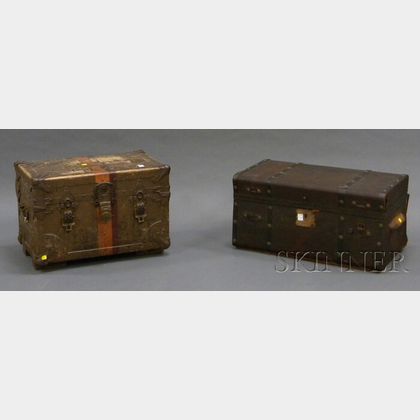 Iron-bound Leather-clad Trunk and a Small Painted Metal Military Trunk