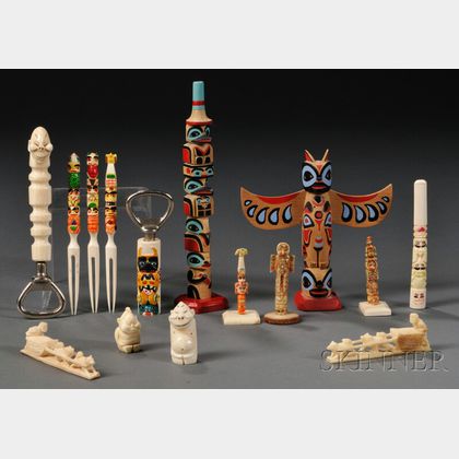 Fifteen Miscellaneous Wood and Ivory Totem Poles and Bottle Openers