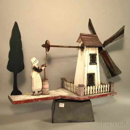Folk Art Painted Wood and Metal Windmill and Maiden with Churn Whirligig