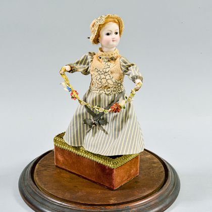 Bisque Automaton of a Girl with Flowers Under a Glass Dome