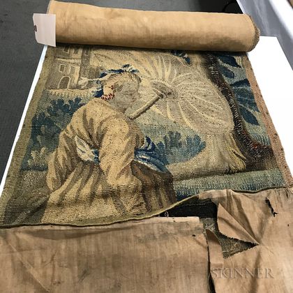 Large Woven Tapestry Fragment Depicting a Woman Walking a Dog
