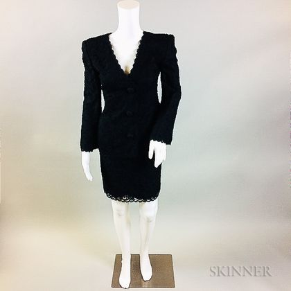 Oscar de la Renta Black Silk Suit with Black Lace Overlay