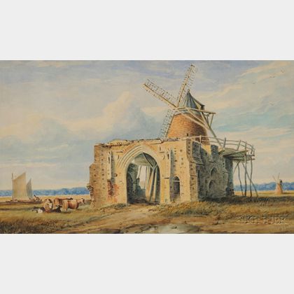 Obadiah Short (British, 1803-1886) Abbey Ruins and Windmill.