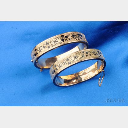 Pair of Antique 14kt Gold and Enamel Bracelets