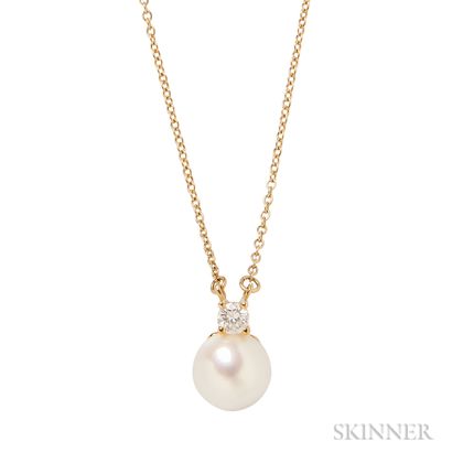 18kt Gold, Cultured Pearl, and Diamond Pendant, Tiffany & Co.