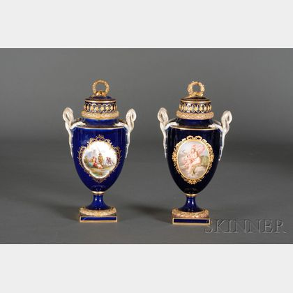 Two Similar Meissen Porcelain Cobalt Blue Snake-handled Potpourri Urns