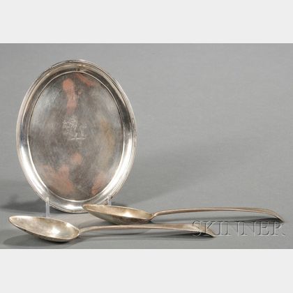 Two Bateman Silver Serving Spoons and a Teapot Stand