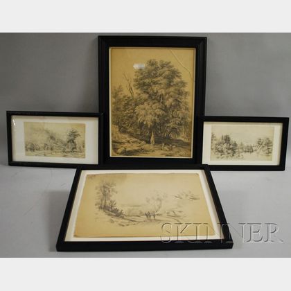 Lot of Four Pencil Drawings by Edward Seager (American, 1809-1886) Fairlie Rock X Church Vt, Hillside Landscape with Trees and Goats, T