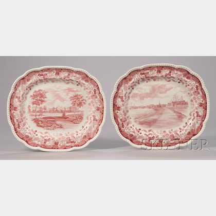 Two Large Wedgwood Red and White Harvard University Transfer-decorated Ceramic Platters