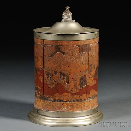 Carved Bamboo Container with Hinged Metal Cover