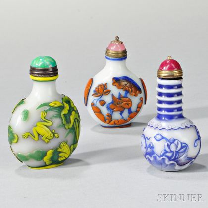 Three Double Overlay Milky Peking Glass Snuff Bottles