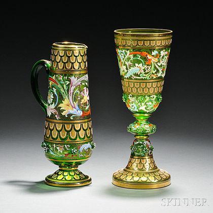 Two Moser-type Gilded and Enameled Green Glass Vessels