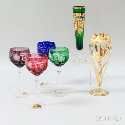 Four Colored Cut Glass Wines, an Art Nouveau Enameled Vase, and a Green Vase