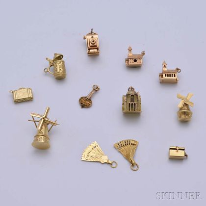 Twelve 14kt Gold Travel-themed Charms
