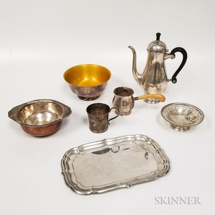 Five Pieces of Sterling Silver Tableware and Two Silver-plated Bowls