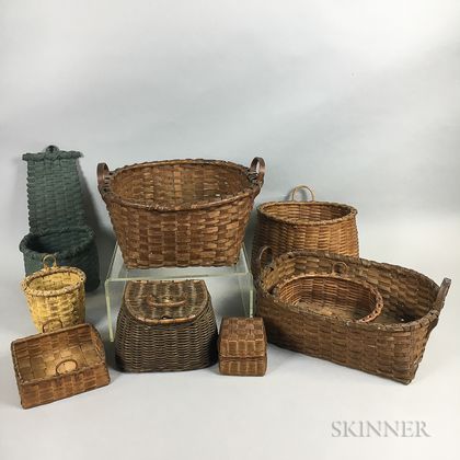 Nine Small Woven Splint Handled Baskets