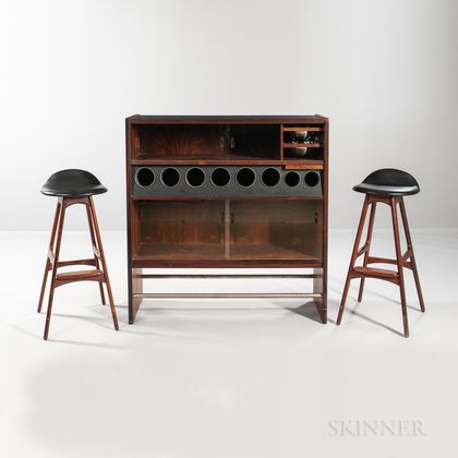 Poul Heltborg Rosewood Bar and Two Erik Buch Stools