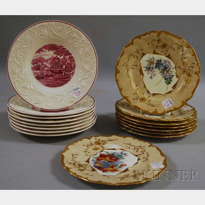 Set of Eight Brown, Westhead, Moore and Co. Gilt and Hand-painted Floral-decorated Porcelain Plates and a Set of Eight Wedgwood Quee...