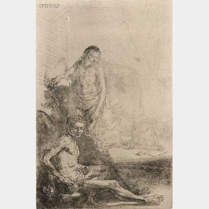 Rembrandt van Rijn (Dutch, 1606-1669) Nude Man Seated and Another Standing, with a Woman and Baby Lightly Etched in the Background, c. 