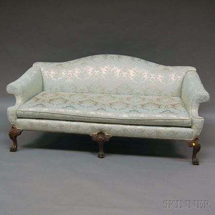 Rococo Chippendale-style Damask-upholstered Camel-back Carved Mahogany Sofa