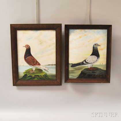 Two 20th Century American School Oil on Panel Portraits of Pigeons