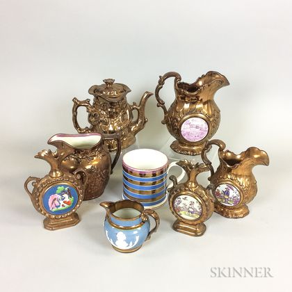 Eight Staffordshire Copper Lustre Ceramic Tableware Items