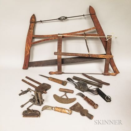 Collection of Woodworking Planes, Scrapers and Two Bow Saws. Estimate $50-75