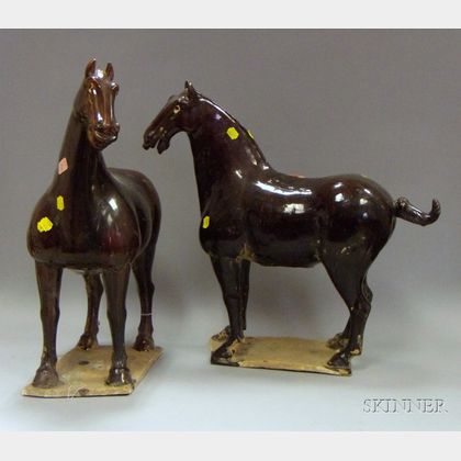 Two Asian Glazed Brown Pottery Horses. 