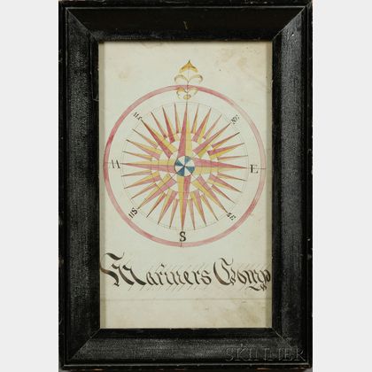 Framed Watercolor and Ink Drawing of a Mariner's Compass