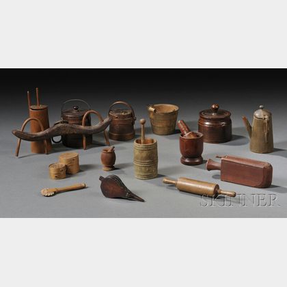 Sixteen Small and Miniature Wooden Household Items