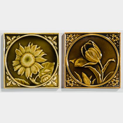 Two U.S. Encaustic Tile Co. Art Pottery Flower Tiles 