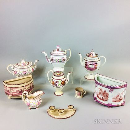 Eight Staffordshire Pink Lustre Ceramic Items
