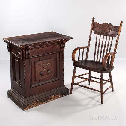 Oak Odd Fellow Desk with Crossed Gavels Decoration and a Pressed-back Armchair
