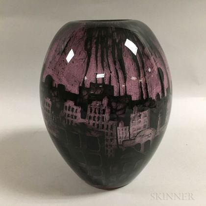 Art Glass Vase Depicting an Industrial Cityscape
