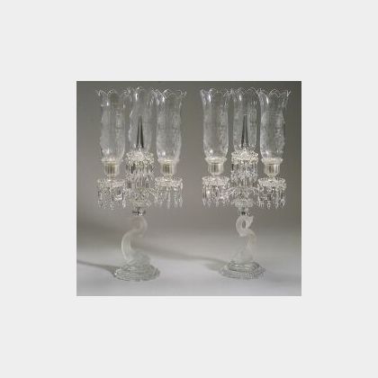 Pair of Baccarat Colorless Frosted Glass Convertible Dolphin-form Candelabra