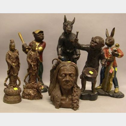 Seven Patinated Bronze Asian and Whimsical Figures. 